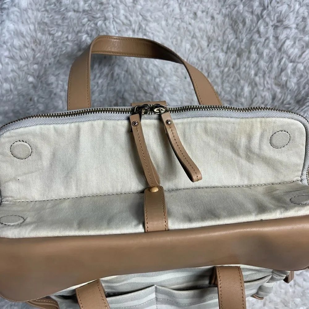 Skip Hop High line convertible Diaper Bag Beige & gray canvas tan leather straps